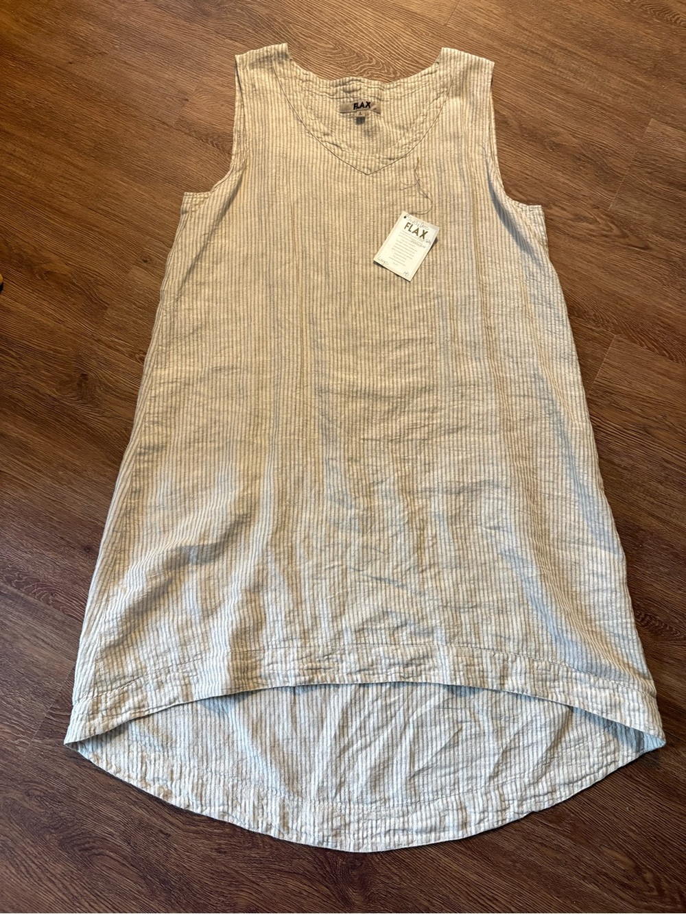 Women’s FLAX Linen Sleeveless V-Neck High Low Dress Neutral Pinstripes Size L